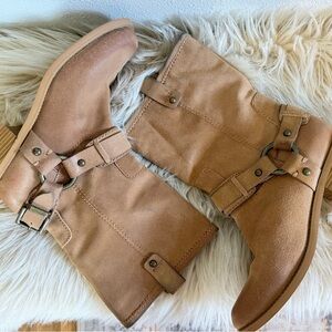 Jessica Simpson INNA Tan Suede Moto Boots Harness Buckle Size 8